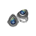 Sterling Silver Labradorite Pear Shape Ring With Balinese Engraved Band