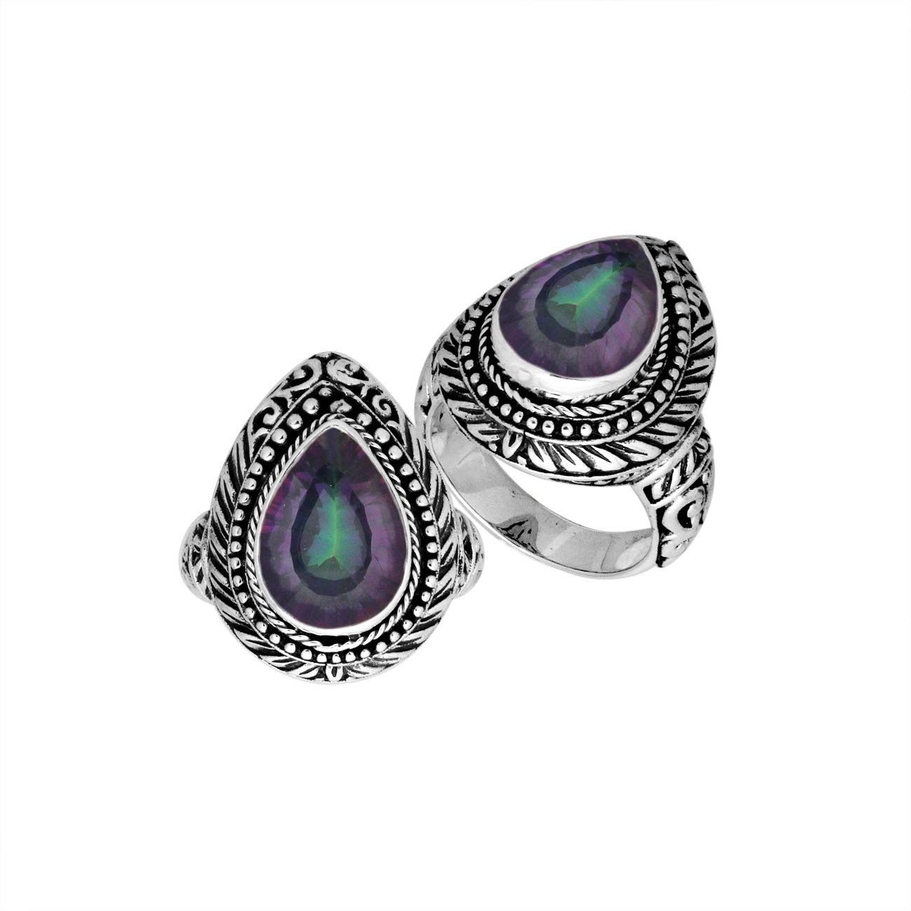 Sterling Silver Pear Shape Mystic Quartz Ring With Traditional Balinese Engraving