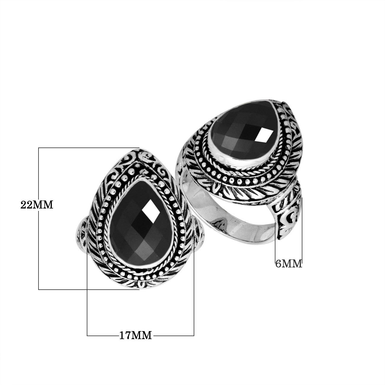 Sterling Silver Pear Shape Black Onyx Ring With Traditional Balinese Carving