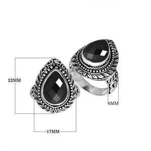 Sterling Silver Pear Shape Black Onyx Ring With Traditional Balinese Carving