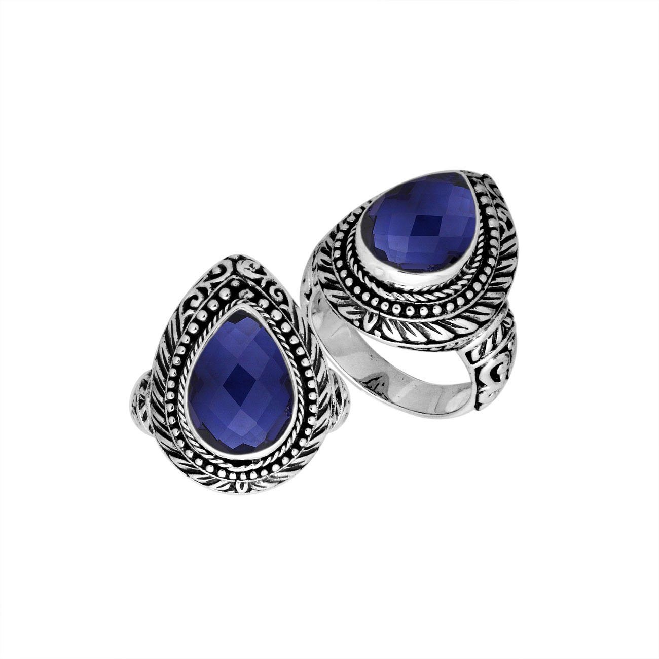 Sterling Silver Pear Shape Blue Sapphire Quartz Ring With Traditional Balinese Carving