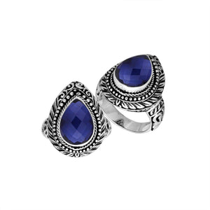 Sterling Silver Pear Shape Blue Sapphire Quartz Ring With Traditional Balinese Carving