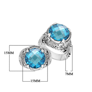 Sterling Silver Round Shape Blue Topaz Quartz Ring With Detailed Balinese Carving