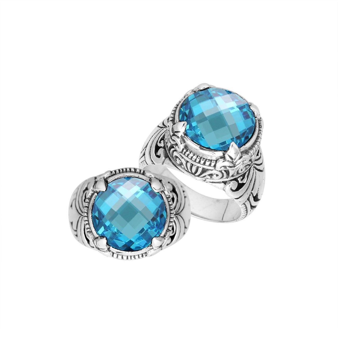 Sterling Silver Round Shape Blue Topaz Quartz Ring With Detailed Balinese Carving
