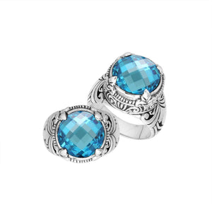 Sterling Silver Round Shape Blue Topaz Quartz Ring With Detailed Balinese Carving