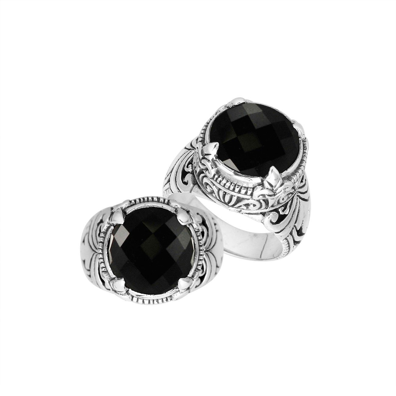 Sterling Silver Round Shape Black Onyx Ring With Detailed Balinese Carving