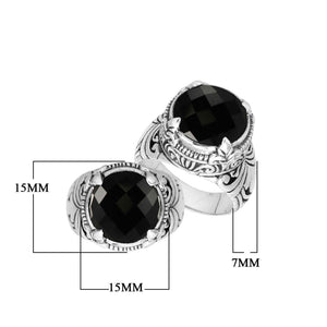 Sterling Silver Round Shape Black Onyx Ring With Detailed Balinese Carving