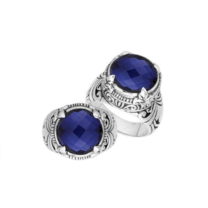 Sterling Silver Round Shape Blue Sapphire Quartz Ring With Detailed Balinese Carving