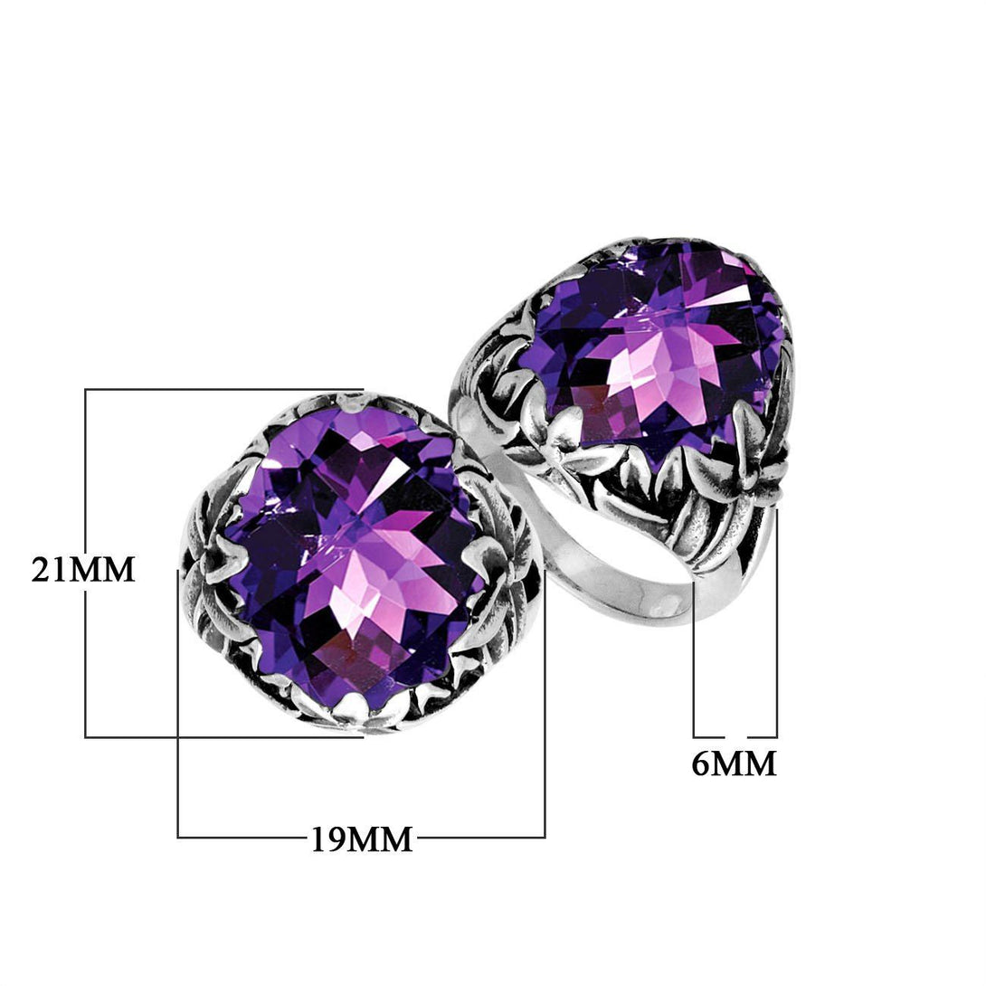 Sterling Silver Round Shape Amethyst Quartz Ring With Leaf Pattern Detailing