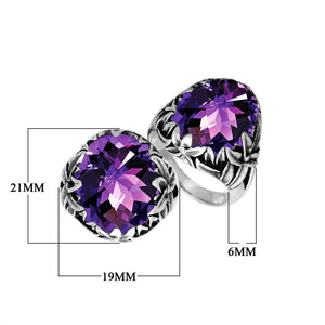 Sterling Silver Round Shape Amethyst Quartz Ring With Leaf Pattern Detailing