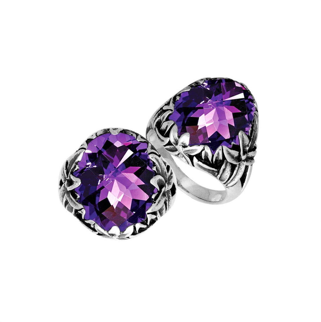 Sterling Silver Round Shape Amethyst Quartz Ring With Leaf Pattern Detailing