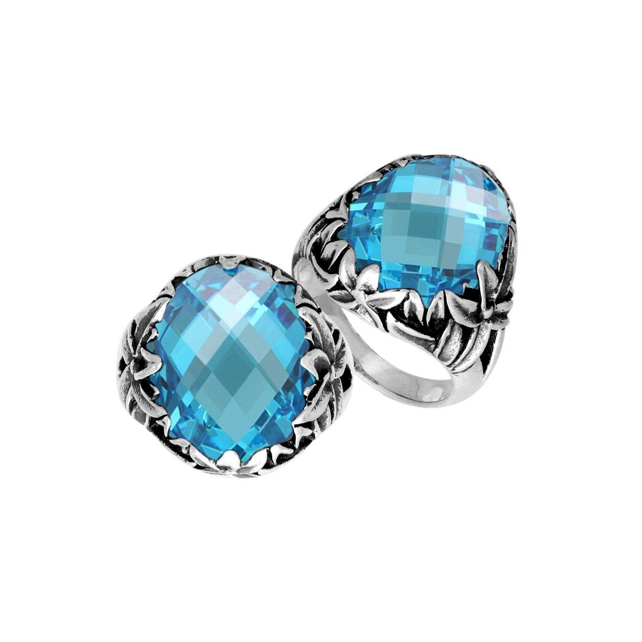 Sterling Silver Round Shape Blue Topaz Quartz Ring With Traditional Balinese Carving