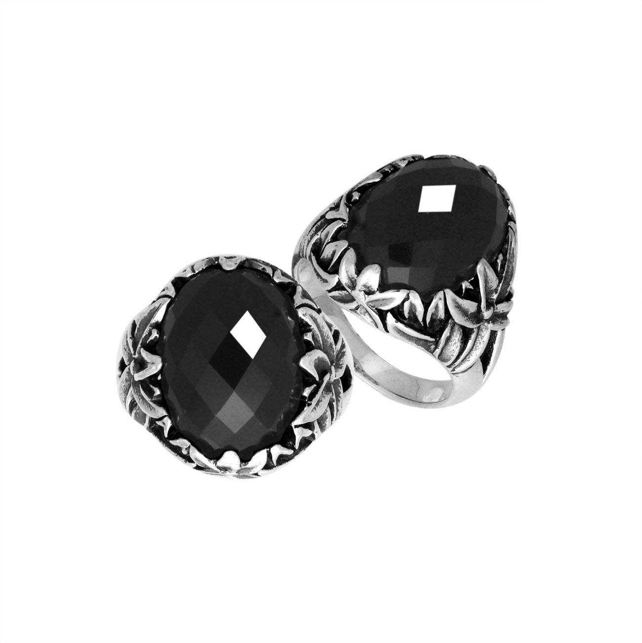 Sterling Silver Oval Shape Black Onyx Ring With Leaf Pattern Detailing