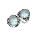 Sterling Silver Oval Shape Rainbow Moonstone Ring With Leaf Pattern Detailing
