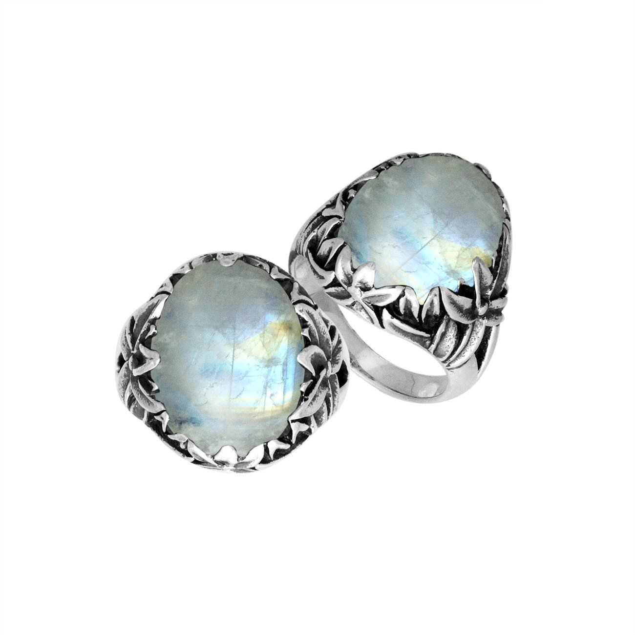 Sterling Silver Oval Shape Rainbow Moonstone Ring With Leaf Pattern Detailing