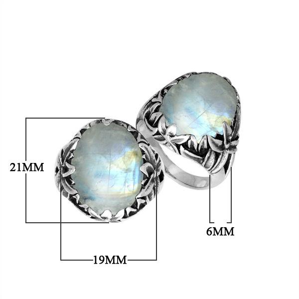 Sterling Silver Oval Shape Rainbow Moonstone Ring With Leaf Pattern Detailing