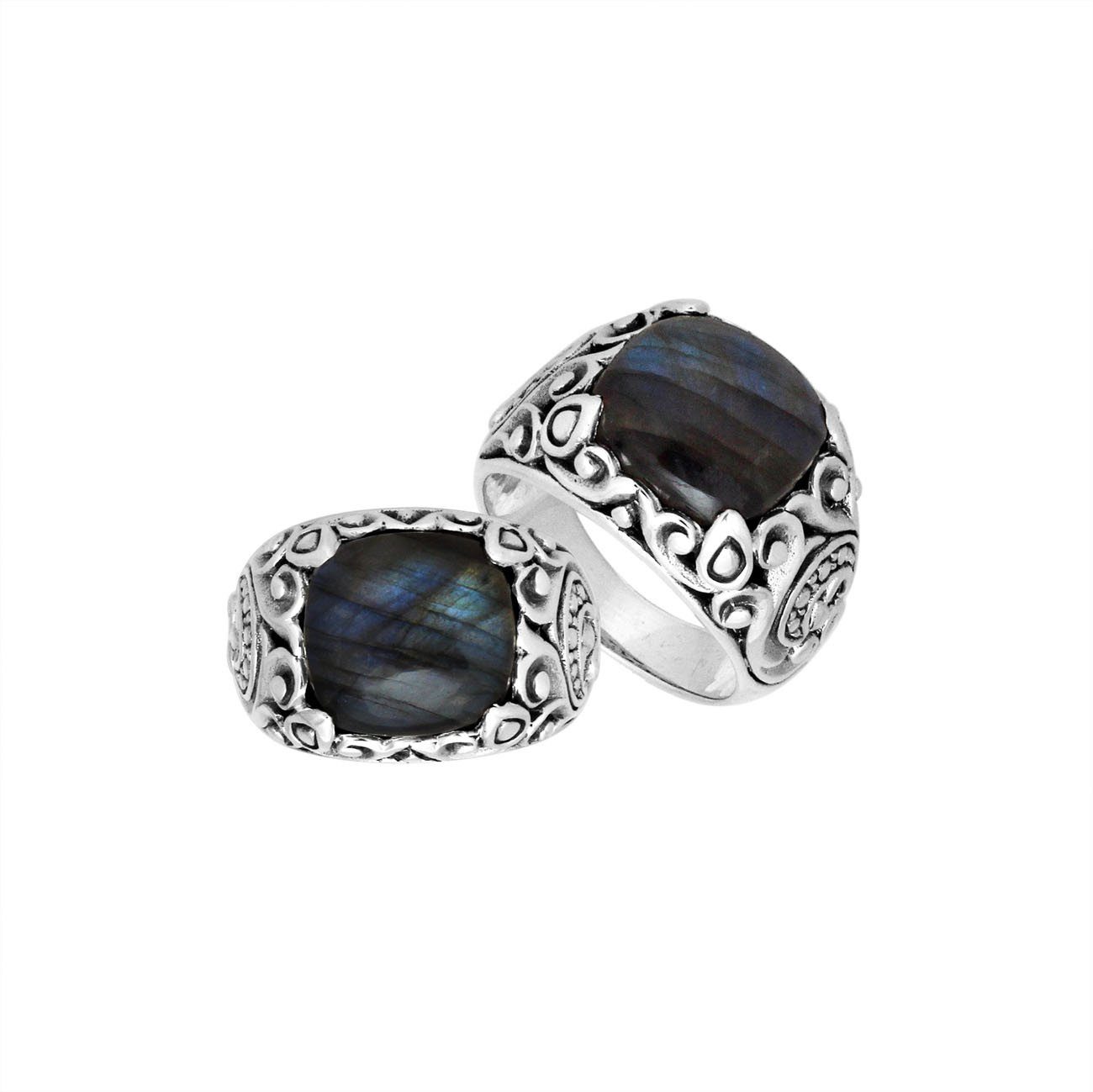 Sterling Silver Balinese Scroll Pattern Ring With Labradorite