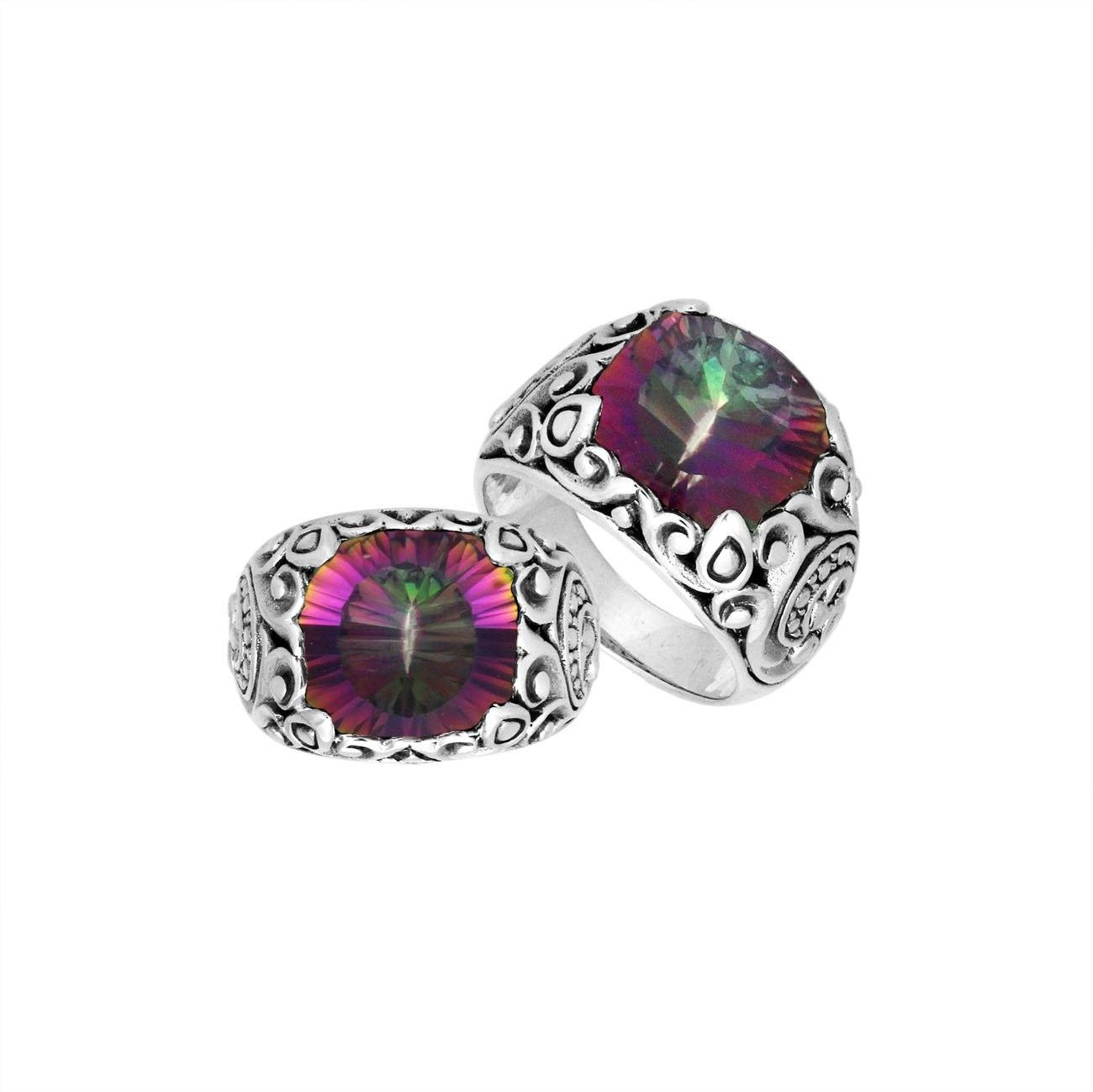 Sterling Silver Balinese Scroll Pattern Ring With Mystic Quartz