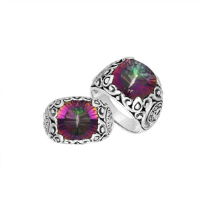 Sterling Silver Balinese Scroll Pattern Ring With Mystic Quartz
