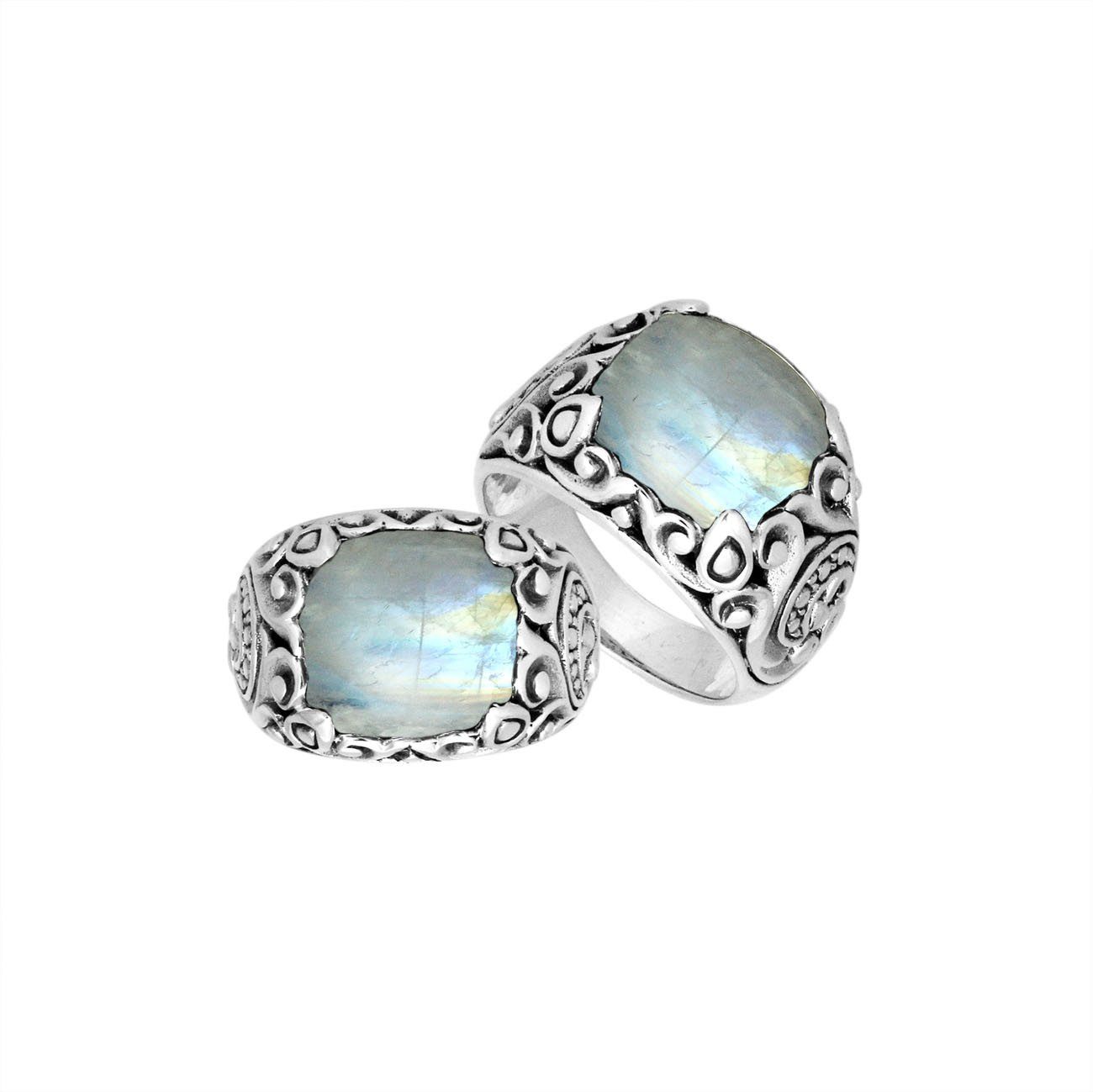 Sterling Silver Balinese Scroll Pattern Ring With Rainbow Moonstone