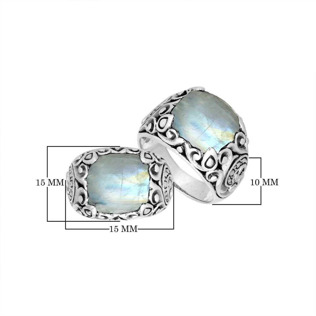Sterling Silver Balinese Scroll Pattern Ring With Rainbow Moonstone