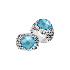 Sterling Silver Leaf Pattern Ring With Blue Topaz Quartz