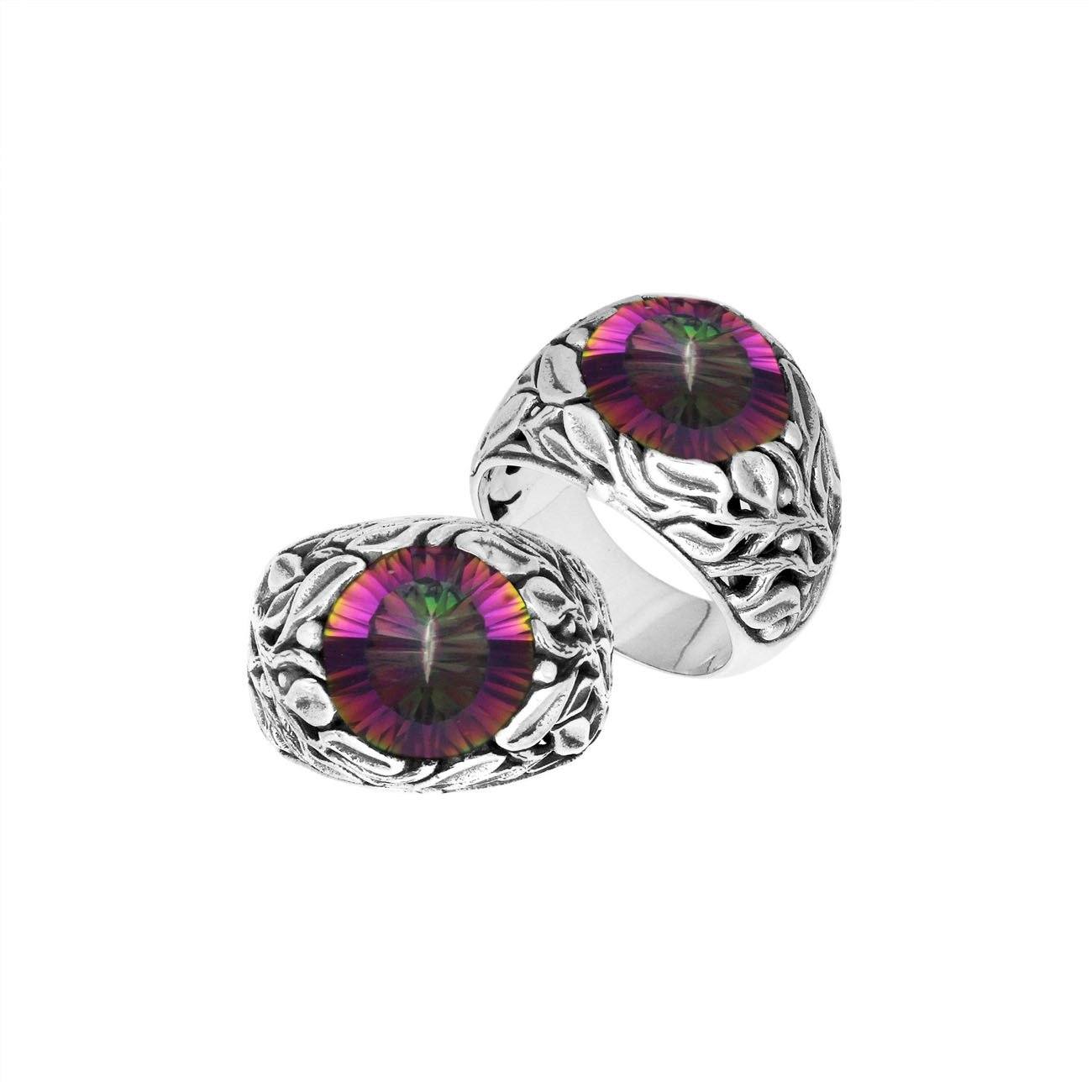 Sterling Silver Leaf Pattern Ring With Mystic Quartz