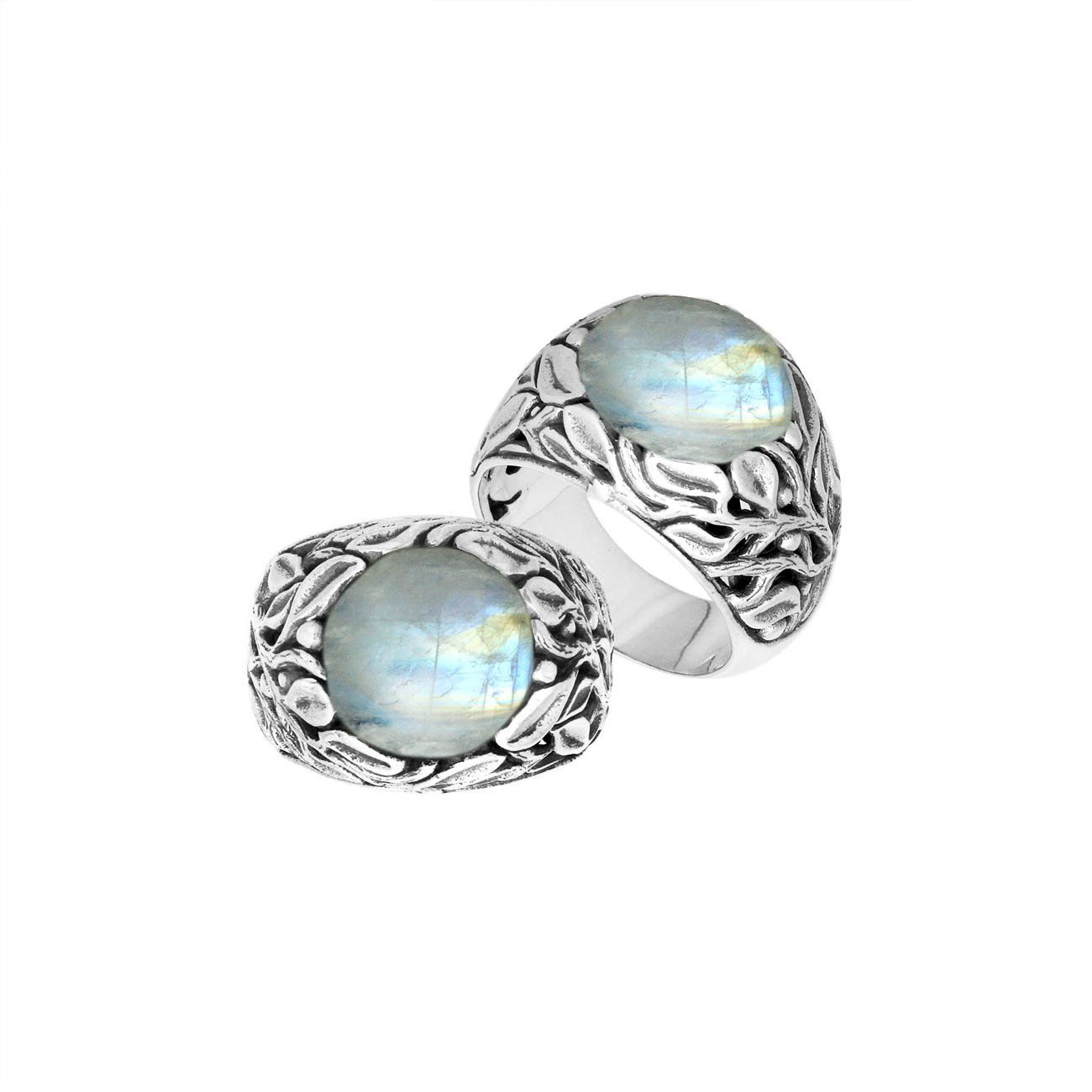 Sterling Silver Leaf Pattern Ring With Rainbow Moonstone