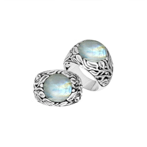 Sterling Silver Leaf Pattern Ring With Rainbow Moonstone