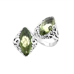 Sterling Silver Green Amethyst Quartz Marquise Balinese Ring Handcrafted In Indonesia