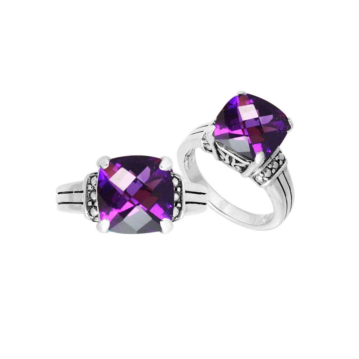 Sterling Silver Beautiful Designer Amethyst Quartz Cushion Heritage Statement Ring With Balinese Detailing.