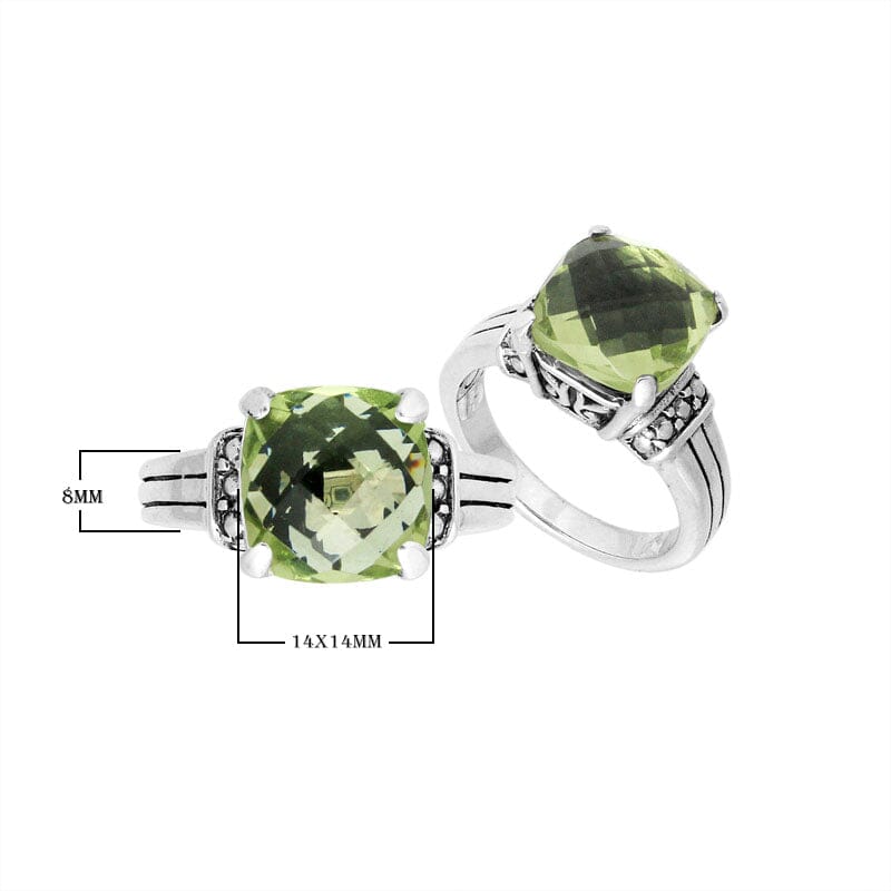 Sterling Silver Green Amethyst Quartz Cushion Statement Ring With Balinese Detailing.