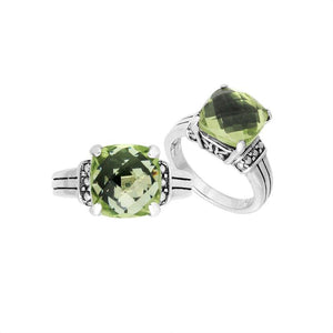 Sterling Silver Green Amethyst Quartz Cushion Statement Ring With Balinese Detailing.