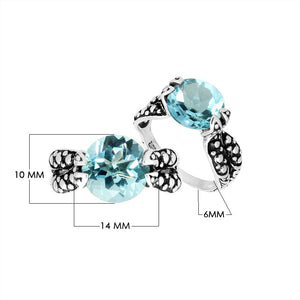 Sterling Silver Blue Topaz Quartz Round Balinese Engraved Luxury Statement Ring With Polished Finish.