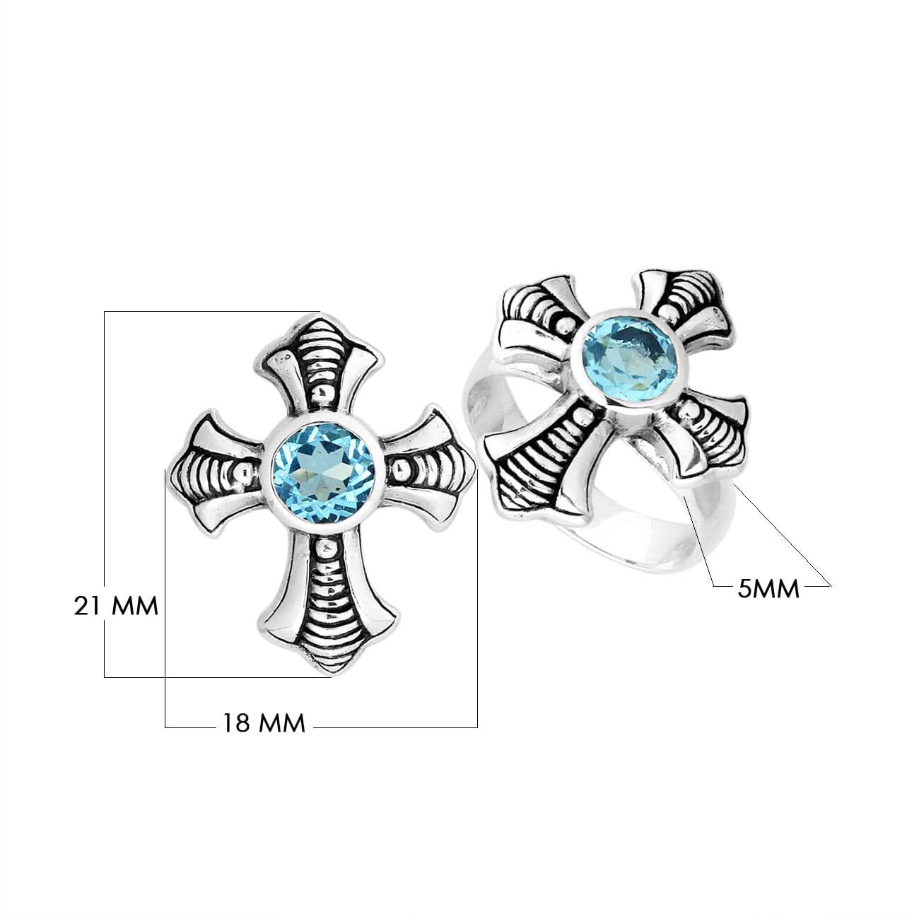 Sterling Silver Blue Topaz Quartz Cross Motif Balinese Engraved Luxury Statement Ring With Polished Finish.