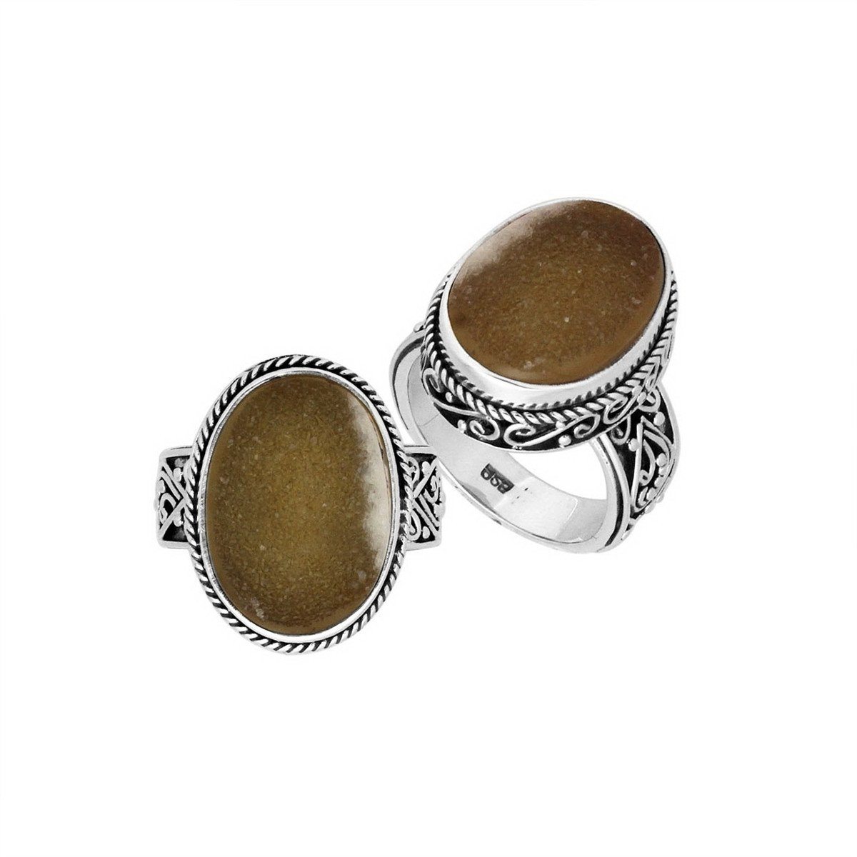 Sterling Silver Druzy Quartz Oval Balinese Engraved Luxury Statement Ring With Polished Finish.
