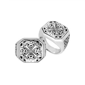 Sterling Silver Cross Pattern Oxidized Octagon Designer Ring For Wholesale Jewelry Buyers.