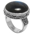 Sterling Silver Labradorite Round Statement Ring With Balinese Scrollwork Design For Wholesale Buyers.