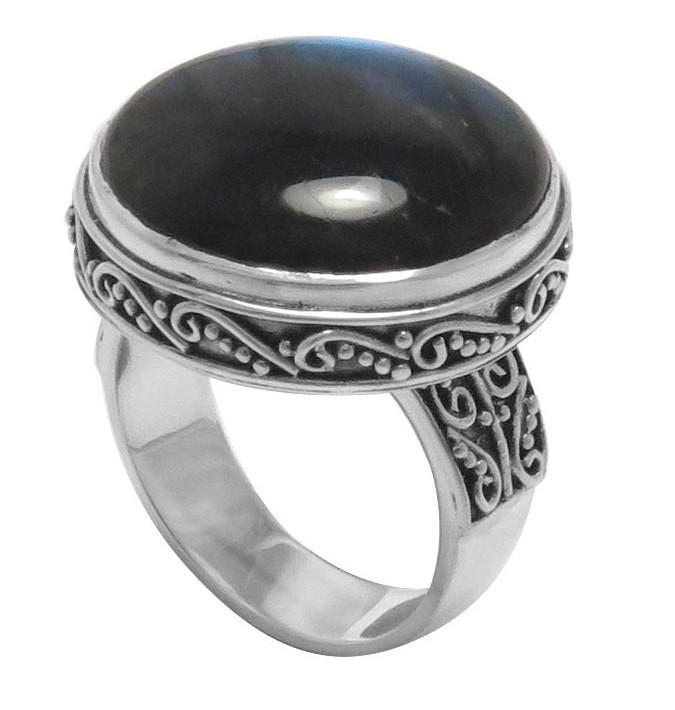 Sterling Silver Labradorite Round Statement Ring With Balinese Scrollwork Design For Wholesale Buyers.