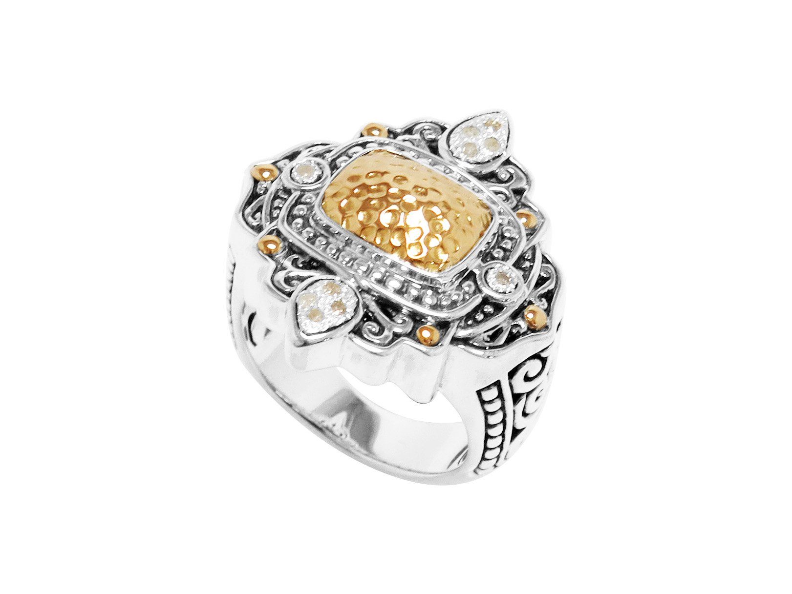 Sterling Silver 18K Gold Ring With Hammered Center And Diamond Accents
