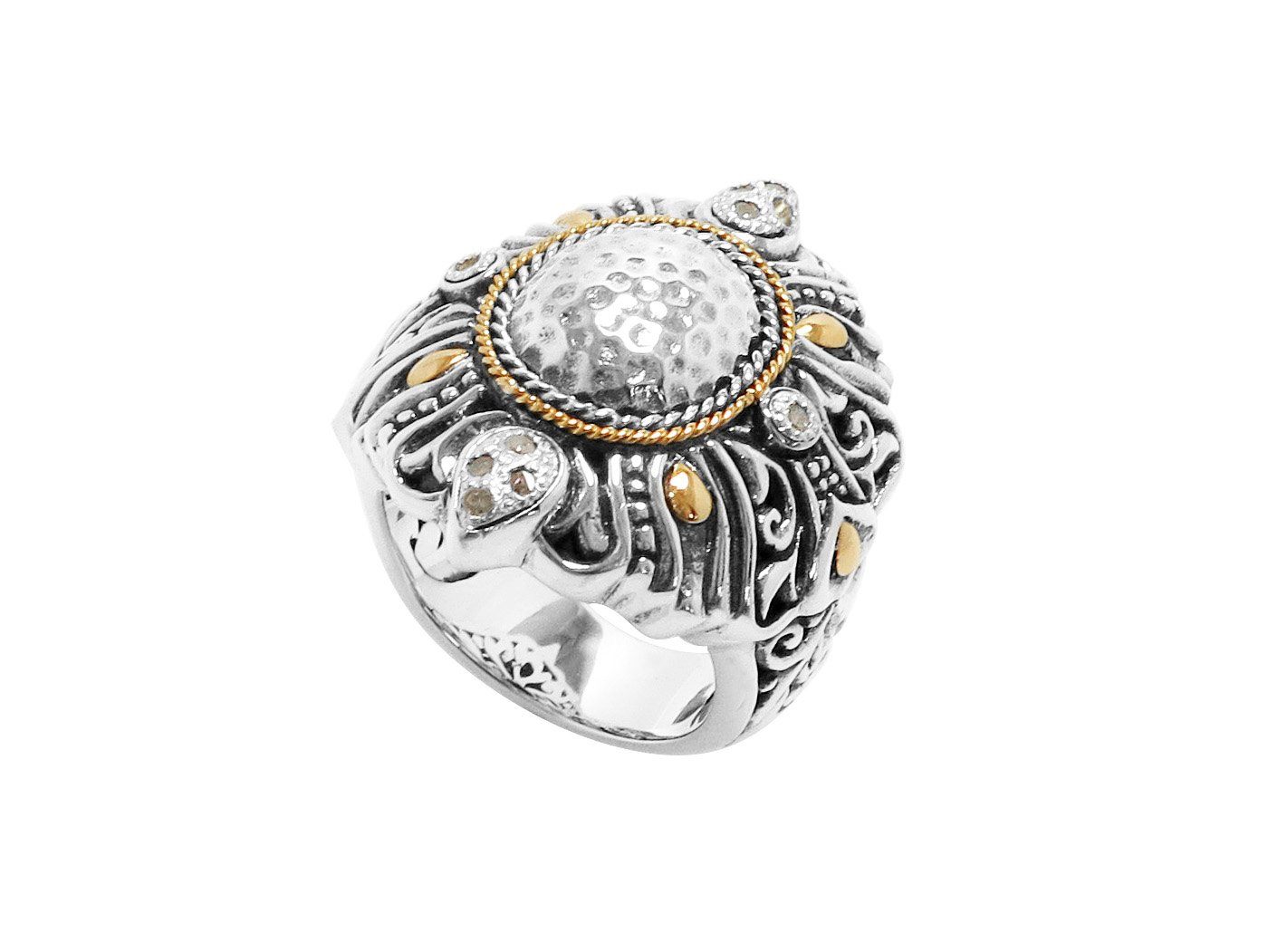 Sterling Silver And 18K Gold Ring With Hammered Dome And Diamond Accents