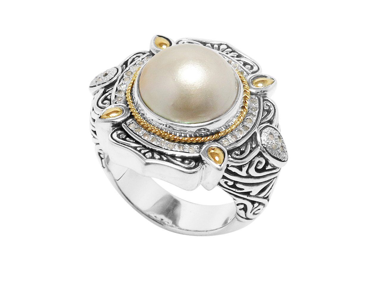 Sterling Silver And 18K Gold Ring With Mabe Pearl Center And Diamond Accents