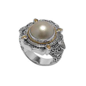 ARG-8038-PE-6" Sterling Silver Ring With 18K Gold And Dimond,Pearl Jewelry Bali Designs Inc 