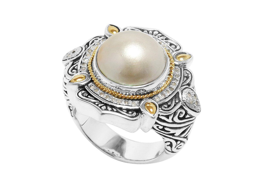 ARG-8038-PE-7" Sterling Silver Ring With 18K Gold And Diamond,Pearl Jewelry Bali Designs Inc 