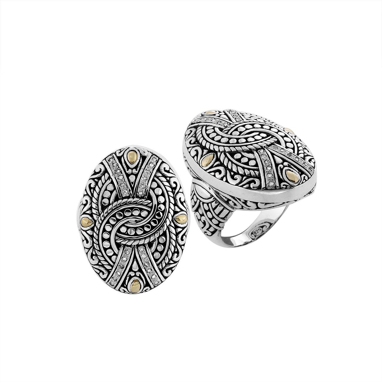 Sterling Silver And 18K Gold Oval Ring With Diamond Accents And Balinese Knot Carving