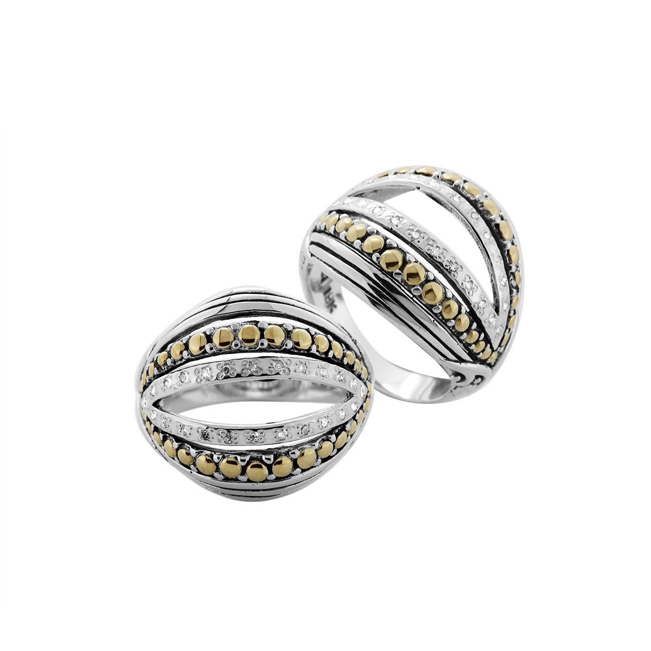 Sterling Silver And 18K Gold Split-Dome Ring With Diamond Rows And Gold Beading