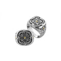 Sterling Silver And 18K Gold Square Mandala Ring With Diamond Pavé And Balinese Carving