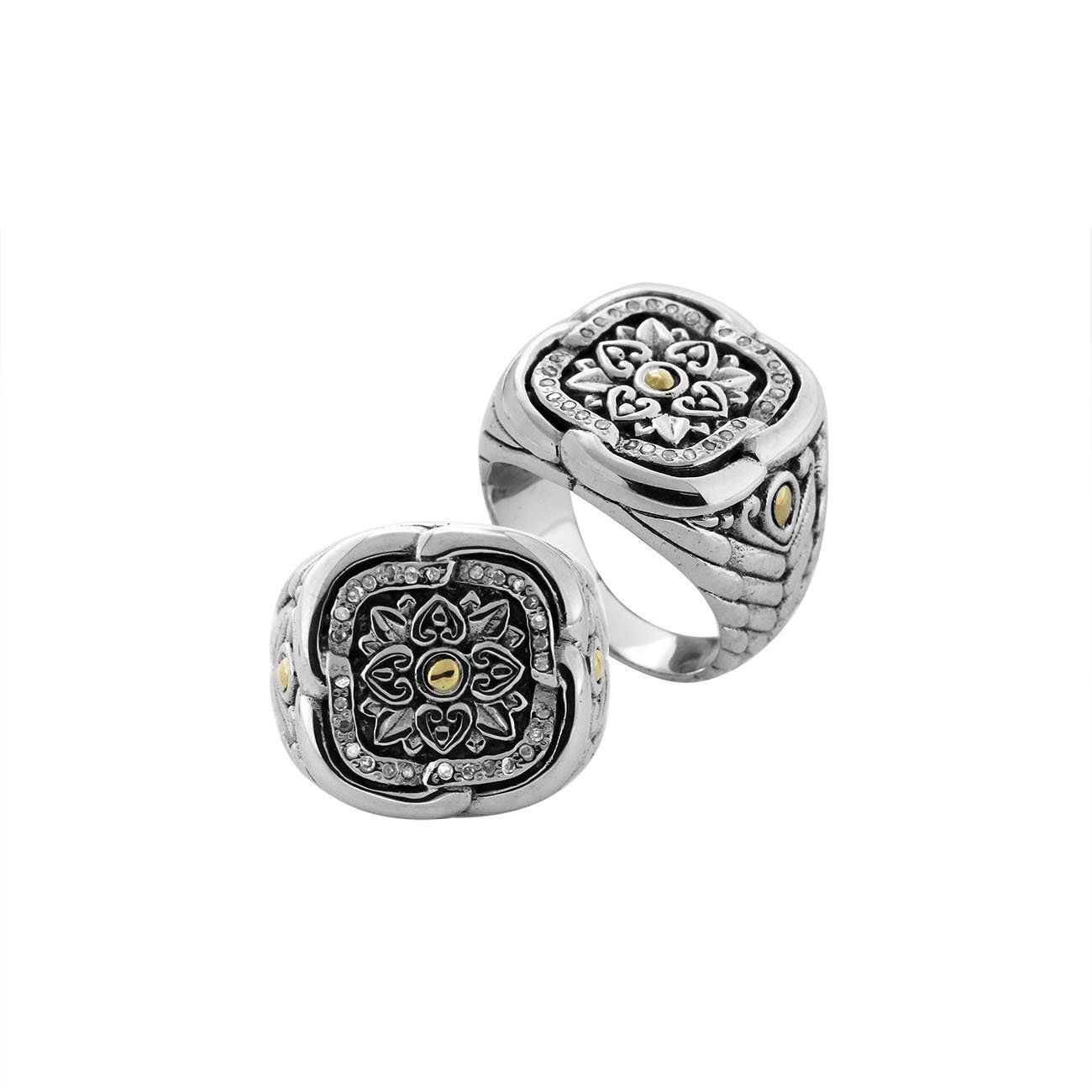 Sterling Silver And 18K Gold Square Mandala Ring With Diamond Pavé And Balinese Carving