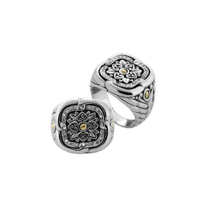 Sterling Silver And 18K Gold Square Mandala Ring With Diamond Pavé And Balinese Carving