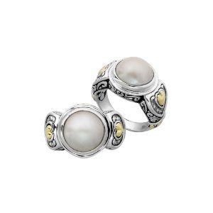 ARG-8045-DY-6" Sterling Silver Ring With Pearl 18K Gold And Diamond Jewelry Bali Designs Inc 